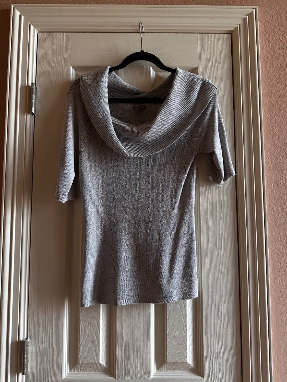 Ann Taylor Metallic Knit Sweater Top Size S Gray Silver Shimmer Cowl Neck
